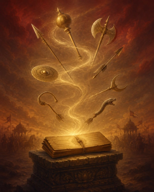 A dramatic painting of a bound palm-leaf manuscript resting on a carved stone pedestal, with a column of golden light spiralling upward out of it. Weapons float within and around the light: a long spear, a mace with a spherical studded head, a double-bladed battle-axe, two arrows, a flat engraved war discus, a crescent-headed polearm, a coiled rope-like weapon ending in a hook, and a shafted weapon whose head is a serpent with open jaws. Behind and below, a dim battlefield at dusk under a red and ochre sky, with banners, pavilions and mounted figures massed on either side.