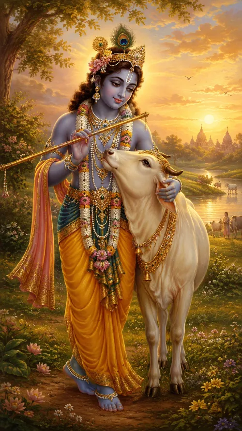 Kṛṣṇa as Govinda stands beneath a tree with His flute, one hand resting on the face of a pale cow leaning toward Him, while cowherds and cattle water at the river and temple spires catch the setting sun beyond.