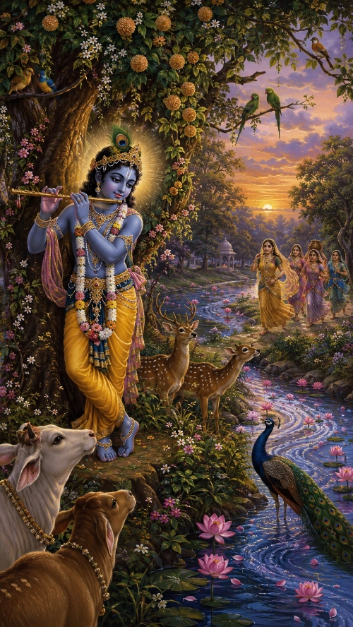 Kṛṣṇa stands beneath a flowering tree in a yellow dhotī and peacock crown, playing His flute. Two cows gaze up at Him from the foreground and two spotted deer stand motionless nearby with their ears raised; parrots perch in the branches and a peacock stands at the water’s edge. A lotus-strewn river winds away behind Him, where a group of gopīs is walking toward Him under a sunset sky.