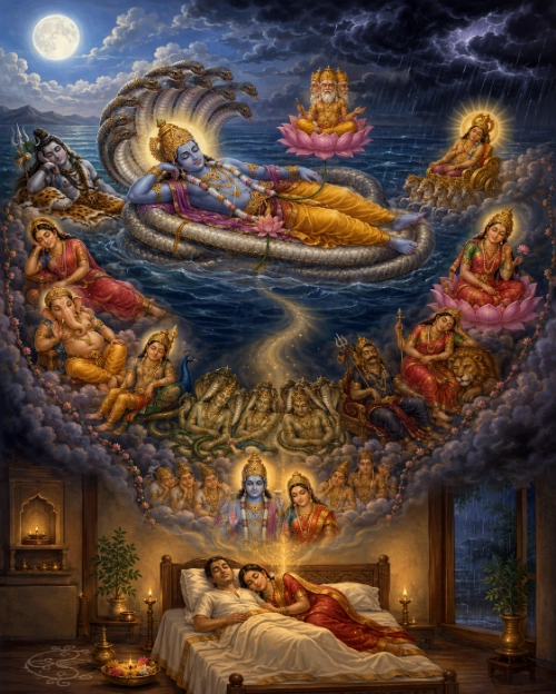 Viṣṇu reclining on the serpent Śeṣa amid clouds of sleeping gods — Śiva, Brahmā, Pārvatī, Gaṇeśa, Skanda, Sūrya, Lakṣmī and the Nāgas — above a lamp-lit bedroom where a husband and wife sleep side by side