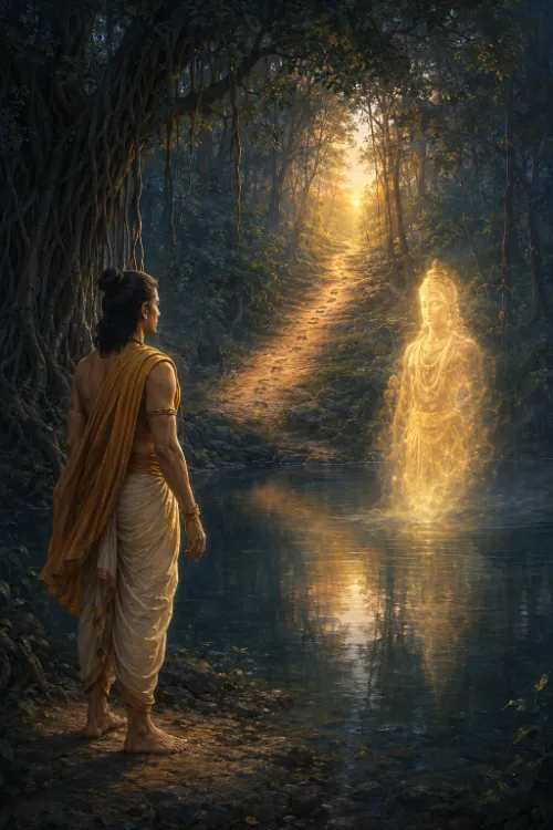 YudhiṣṬhira stands at the edge of a still forest lake at dawn, facing a luminous translucent figure of the Yakṣa rising from the water; behind them a sunlit path climbs away between ancient banyan trunks into the trees.
