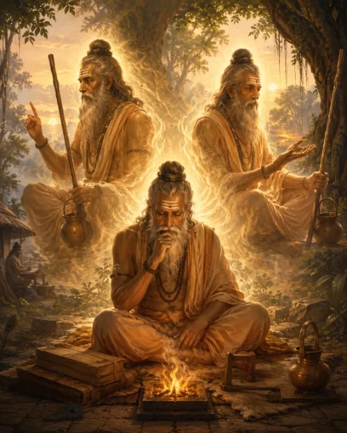 A sage sits in thought before a fire altar and palm-leaf manuscripts while two luminous sage figures rise behind him out of one radiance, one raising a finger and the other gesturing, as though a single figure had become two.