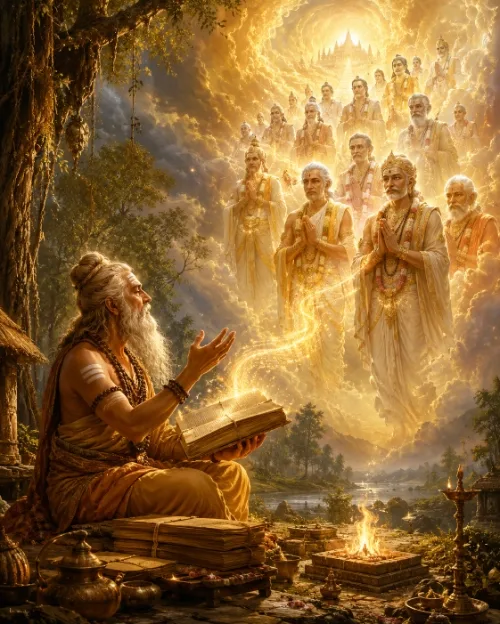 A white-bearded sage seated with an open palm-leaf manuscript beside a fire altar, a stream of golden light rising from his raised hand to a company of luminous ancestors who stand in the sky with folded palms.