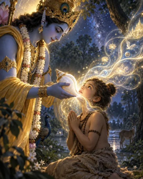 Viṣṇu leaning down to touch His conch to the cheek of the boy Dhruva, who kneels with folded hands in bark cloth, light streaming from the conch into him and rising into a starry sky.