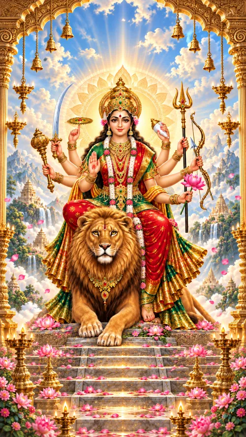 Durgā enthroned on a golden lion beneath a gilded temple arch hung with bells, a sunburst of light behind her crowned head. Her many arms hold a sword, a mace, a trident, a bow, a lotus and further emblems; she wears red and green silk with gold ornaments and flower garlands. Lotus-lined steps descend before her, with waterfalls, mountains and blossoming plants behind.