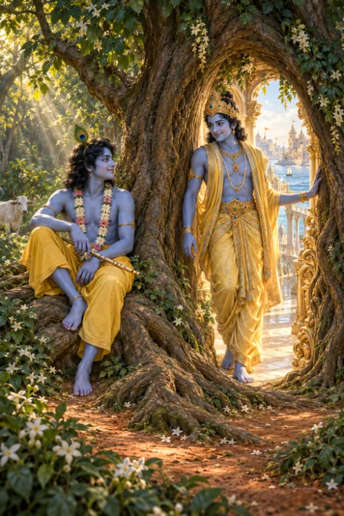 Kṛṣṇa as the cowherd of Vṛndāvana seated with His flute beneath a flowering tree, and as the crowned king of Dvārakā standing in an archway opening onto the island city.