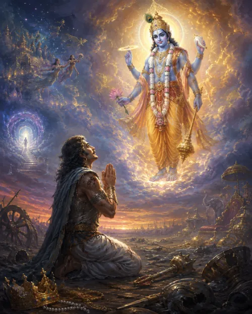 A man in ornamented armour kneels on a battlefield at dusk with palms joined, looking up at Viṣṇu, who stands in the clouds within a golden halo — four-armed and blue-complexioned, in a yellow dhotī with a crown and long flower garlands, holding a lotus, conch, disc and club. A fallen crown, a broken chariot wheel and scattered weapons lie in the foreground, and at the upper left a luminous stairway rises through an archway among distant temples.