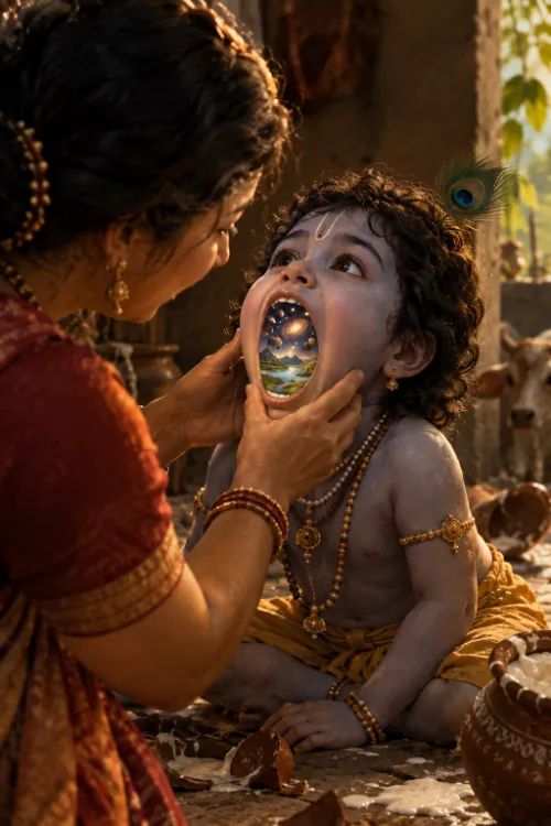 Mother Yaśodā holds open the mouth of the child Kṛṣṇa and sees whole worlds within it — sky, moon and landscape — while broken butter pots lie at His feet.