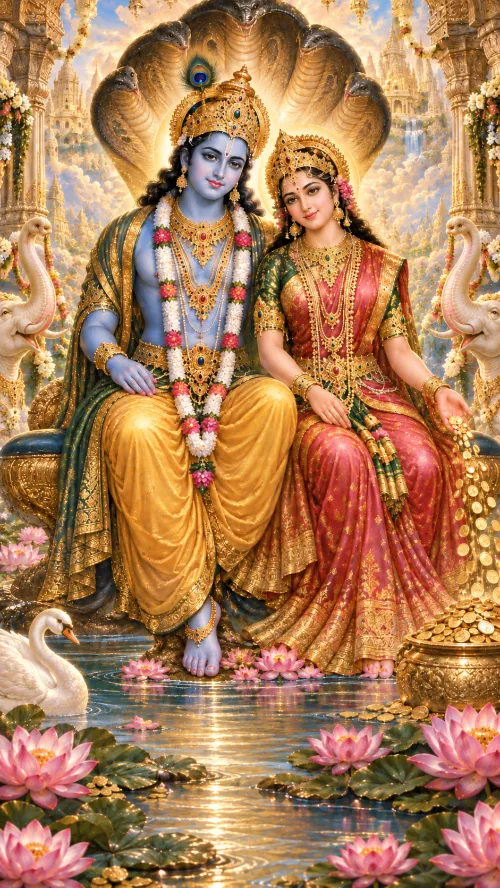 Viṣṇu and Lakṣmī seated together on a golden throne beneath Ananta Śeṣa’s hoods, Lakṣmī resting a hand on a heaped vessel of gold coins; swans and lotuses fill the water at their feet and a jewelled city rises behind them.