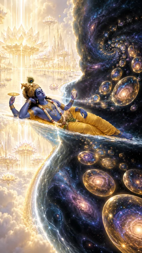 Mahā-Viṣṇu reclining on the causal waters along a luminous boundary, golden Vaikuṇṭha spires on one side and dark space filled with countless universe-bubbles on the other.