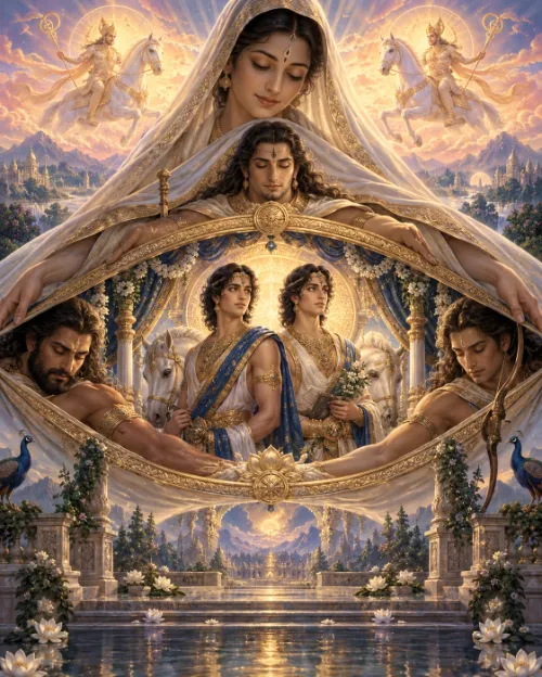 The twin princes Nakula and Sahadeva at the centre of a veil that opens like an eye, their elder brothers beside them and the horse-borne Aśvins riding above.