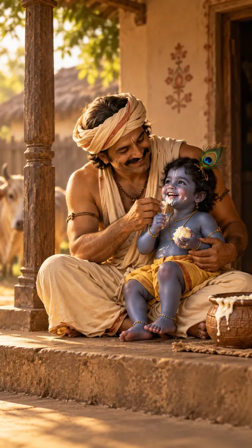 Nanda Mahārāja seated on the veranda of his house in Vraja, feeding butter to the infant Kṛṣṇa on his lap, a cow and a butter pot beside them.