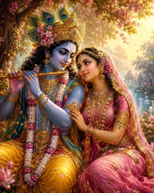 Kṛṣṇa and Rādhā sit close together beneath a blossoming tree. Kṛṣṇa, blue-complexioned, wears a peacock crown set with pink flowers and holds His flute; Rādhā, in a rose and gold sārī with a veil and jewelled ornaments, rests against His shoulder and holds His hand. A lake with swans, lotuses and a domed pavilion lies behind them.