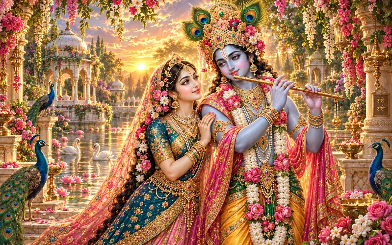 Rādhā leaning against Kṛṣṇa as He plays the flute, both in heavy gold and jewelled ornaments and rose garlands, before a sunset lake with white swans, pink lotuses and marble pavilions. Peacocks stand on either side and the name Rādhe is inscribed twice on the pillar at right.