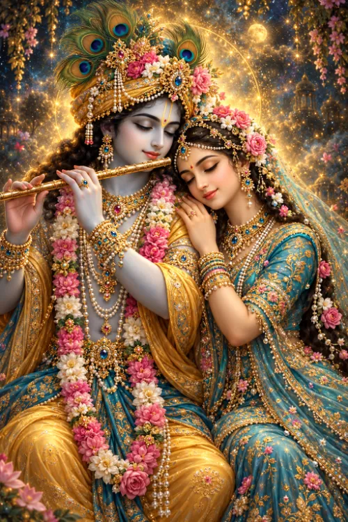 Kṛṣṇa playing His flute with Rādhā resting her head on His shoulder, both crowned with peacock feathers and flowers and wearing gold, teal and pink-rose garlands, against a starlit golden sky with a crescent moon.