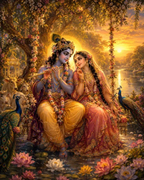 Kṛṣṇa and Rādhā sit together on a lotus-strewn bank at sunset beneath a bower of flowering vines. Kṛṣṇa, blue-complexioned, wears a golden dhotī, a peacock crown and long flower garlands and plays His flute; Rādhā leans toward Him in a rose and gold sārī with a jewelled veil, one hand raised to her chin. Cows stand among the trees at the left, a peacock at each side, and pink and white lotuses float in the water below.