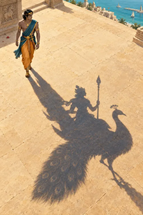 A young man crosses a sunlit terrace while his shadow on the stone is Kārttikeya with his spear, riding a peacock.