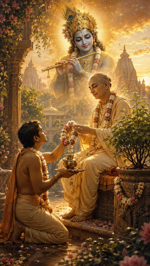 A young man in a dhotī kneels on a temple terrace at sunset, holding a tray with a brass water pot and offering a flower garland up to an elderly Vaiṣṇava seated on a low seat in saffron robes, tulasī beads and garlands, who receives it in both hands. A tulasī plant in a carved pot stands at the right and flowering creepers frame a stone arch at the left. Above them Kṛṣṇa appears in golden light playing His flute, with temple spires behind.