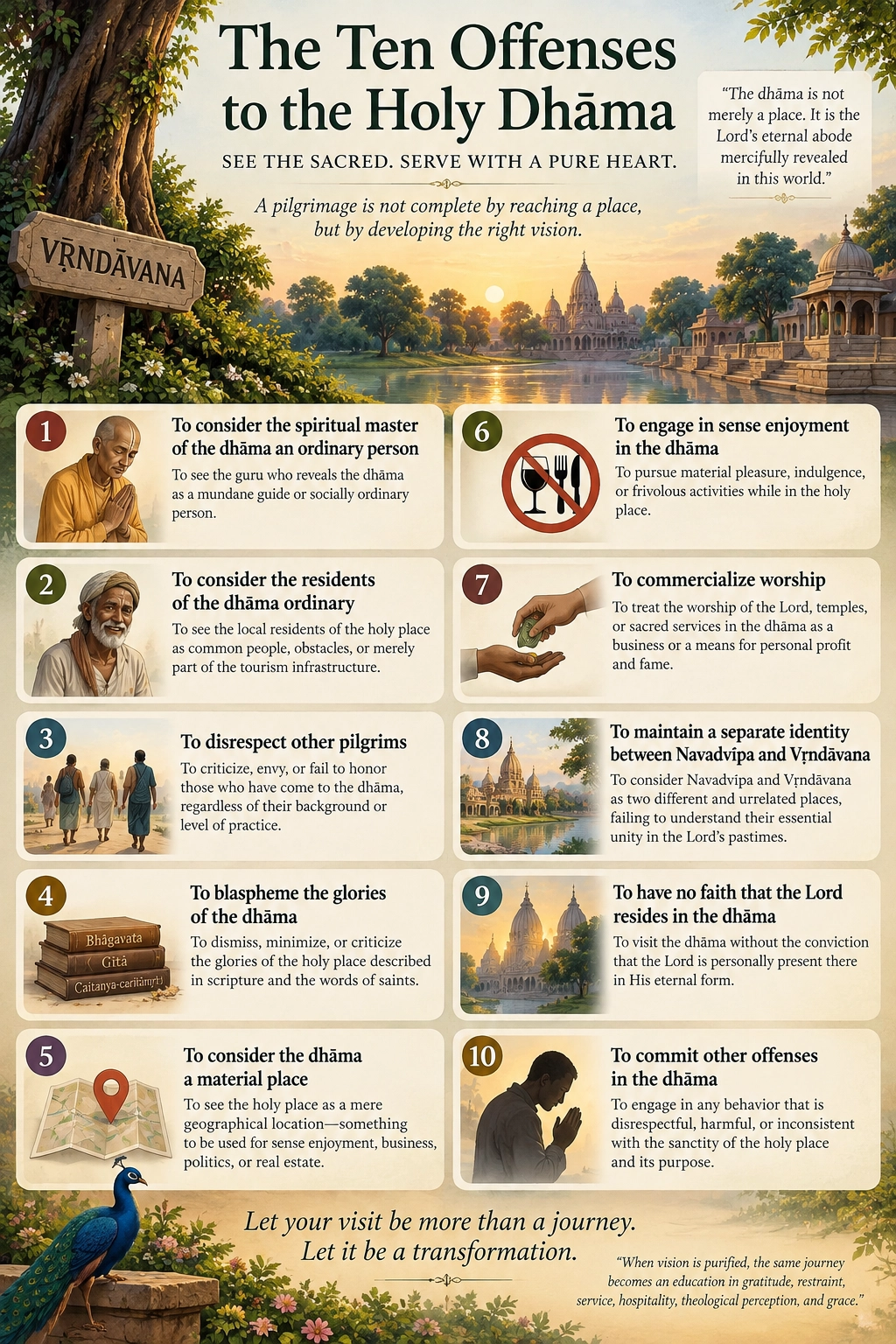 A poster of the ten offenses to the holy dhāma, numbered 1 to 10 in two columns above a view of Vṛndāvana at sunrise: treating the spiritual master, the residents, or other pilgrims as ordinary; blaspheming the dhāma’s glories; regarding it as a material place; pursuing sense enjoyment there; commercialising worship; keeping Navadvīpa and Vṛndāvana separate; having no faith that the Lord resides there; and committing other offenses in the dhāma. Each carries a one-sentence explanation.