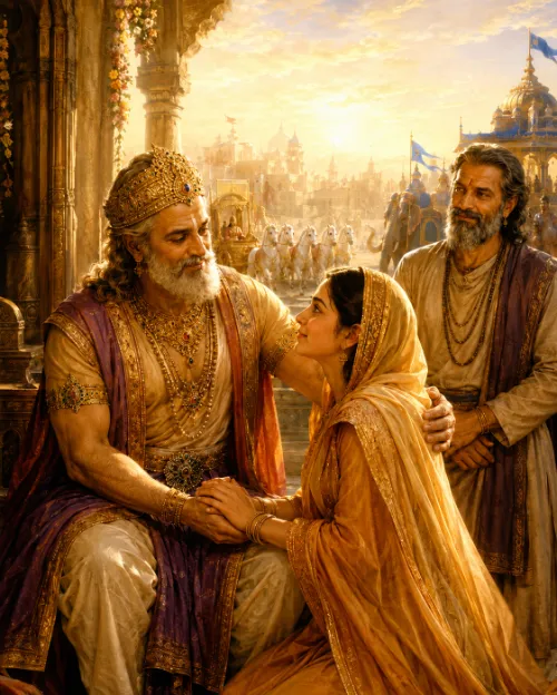 Vasudeva seated on a palace terrace with his hand on the shoulder of his sister Kunti, who kneels holding his hand, while Vidura stands beside them and a golden city of chariots and banners spreads beyond.