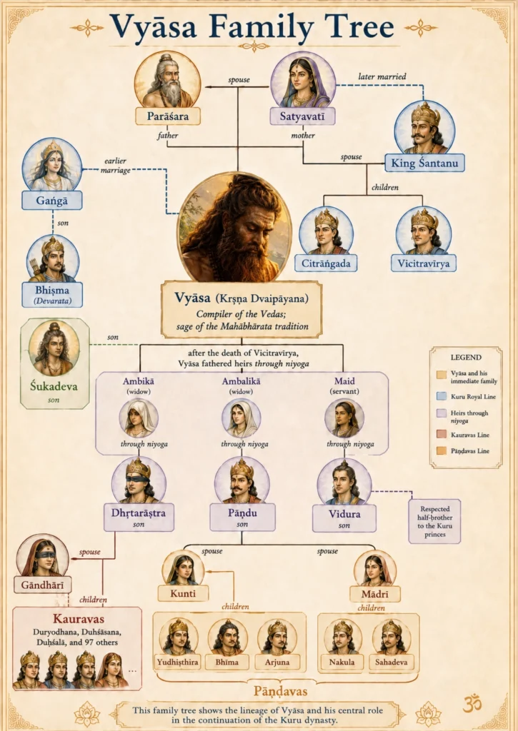 An infographic titled “Vyāsa Family Tree.” Parāśara and Satyavatī are joined at the top as Vyāsa’s father and mother, with Satyavatī later married to King Śāntanu, whose sons Citrāṅgada and Vicitravīrya appear at the right. Gaṅgā and her son Bhīṣma stand at the left from Śāntanu’s earlier marriage. Vyāsa is at the centre, labelled compiler of the Vedas, with Śuakadeva as his son at the left. Below, after Vicitravīrya’s death, Vyāsa fathers heirs through niyoga by Ambikā, Ambalikā and a maidservant — Dhṛtaāṣṭra, Pāṇḍu and Vidura. Gāndhārī with the hundred Kauravas appears at the lower left, and Kuntī and Mādrī with the five Pāṇḍavas at the lower right. A legend colour-codes the family, the Kuru royal line, the niyoga heirs and the two rival houses.