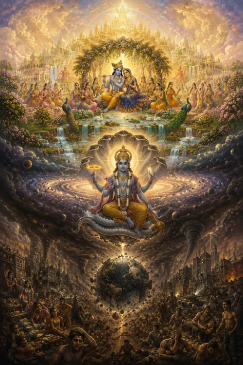 A three-tier cosmological painting. At the top Kṛṣṇa and Rādhā sit together beneath a flowering bower in a golden realm of palaces, ringed by gopīs and peacocks with waterfalls below. In the middle a four-armed Viṣṇu sits on the coils of Ananta Śeṣa above a vast spiral of galaxies and planets. At the foot the Earth hangs in darkness over a divided scene — feasting and plenty at the left, fire, storm and suffering at the right.