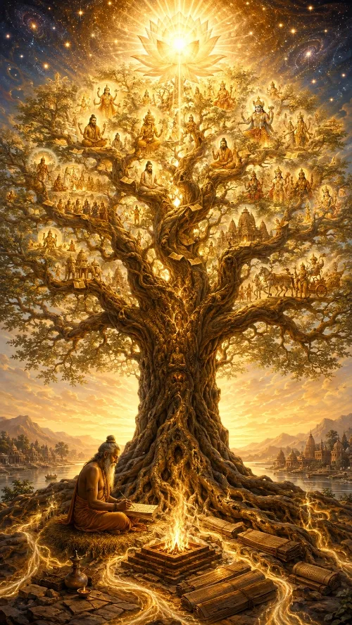 A vast golden tree fills the frame, its branches carrying luminous vignettes of sages, Deities, temples and chariot scenes against a starry sky, with a radiant lotus blazing at the crown. At the foot of the trunk an elderly sage in ochre sits writing on a palm-leaf manuscript beside a small fire altar, with bundles of folios and a brass pot on the stone terrace and a river running past temple towers on both sides.