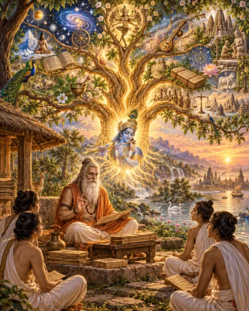 A white-bearded sage teaches four young students seated on stone before his hut, a palm-leaf manuscript open on his lap; behind him a great luminous tree carries the branches of knowledge — galaxies, scriptures, medicine, music, dance, temples, scales of justice and a lotus — with Kṛṣṇa playing His flute at the trunk where the light originates.