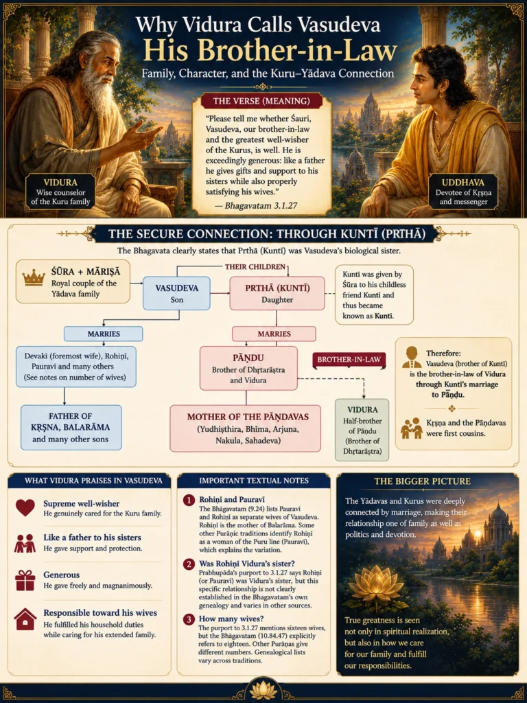 A chart explaining why Vidura calls Vasudeva his brother-in-law: the verse, a family tree running from Sura and Marisa through Vasudeva and Kunti to Pandu and the Pandavas, and panels on Vasudeva's character and on the textual questions about Rohini, Pauravi and the number of his wives.