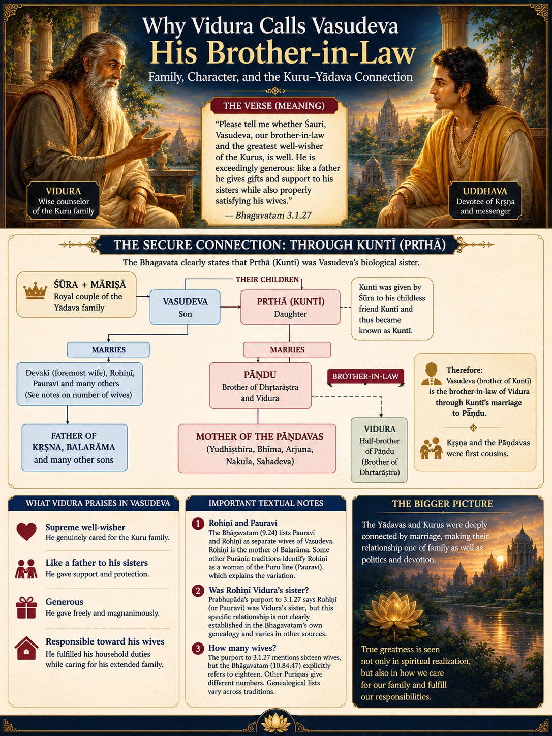 A chart explaining why Vidura calls Vasudeva his brother-in-law: the verse, a family tree running from Sura and Marisa through Vasudeva and Kunti to Pandu and the Pandavas, and panels on Vasudeva's character and on the textual questions about Rohini, Pauravi and the number of his wives.