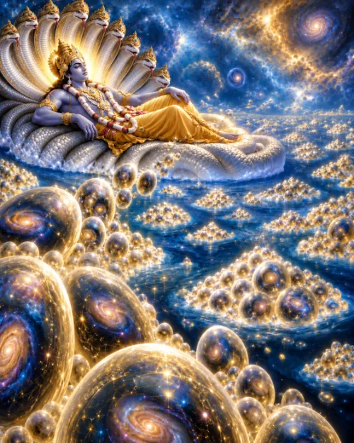 Mahā-Viṣṇu reclining on the white coils of Ananta Śeṣa beneath the serpent’s many hoods, on the Causal Ocean; golden bubbles drift away across the water, each one a universe with its own spiral galaxies inside, some gathered in clusters like foam.