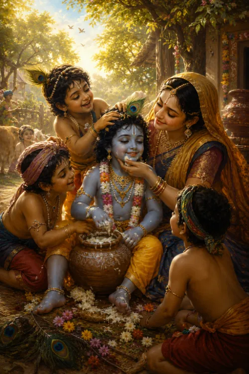 Mother Yaśodā, in a gold and blue sārī, feeds butter to the child Kṛṣṇa, who sits before a clay pot with butter in his hands, wearing a flower garland and gold ornaments. Three cowherd boys crouch around them, one placing a peacock feather in his hair, another reaching toward the pot; flowers lie scattered on the ground and cows and a village stand behind.