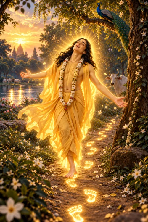 Caitanya Mahāprabhu walking a forest path in Vṛndāvana in golden ecstasy, arms outstretched and head thrown back, with a peacock in the branches, cows by the river and glowing footprints behind Him.
