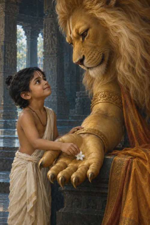 The boy Prahlāda places a white flower on the paw of Narasiṁha, who looks down at him in a pillared temple hall.