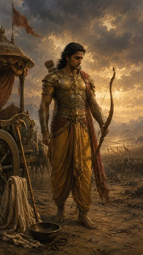 Arjuna stands in golden armour before his chariot on the Kurukṣetra plain at dusk, holding an unstrung bow and looking down. A quiver of arrows rises at his shoulder and a red banner flies from the chariot behind him, while armies with raised standards stretch to the horizon under heavy cloud. A brass vessel, a folded cloth and a string of beads lie on the ground at his feet.