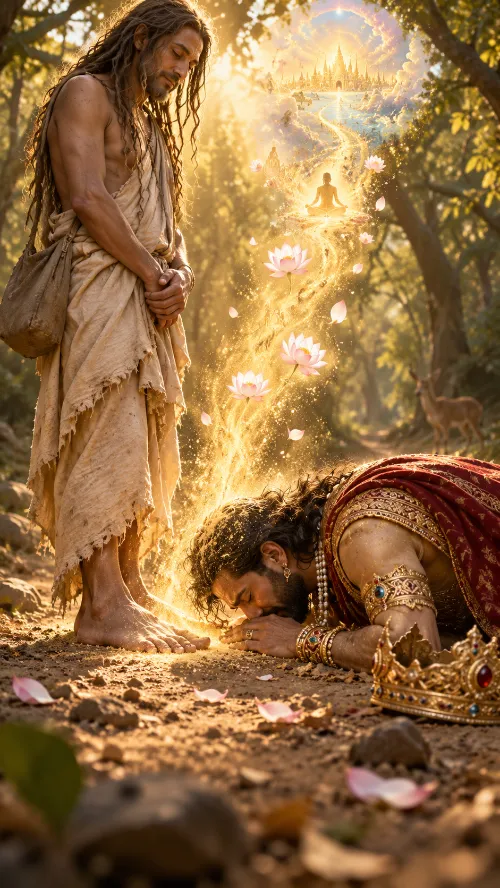 King Rahūgaṇa lies prostrate in the dust at the feet of the ascetic Jaḍa Bharata, his fallen crown beside him, as golden light and lotuses rise from the saint’s feet toward a luminous vision above.