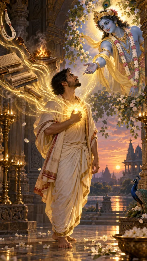 A brāhmaṇa turns from the sacrificial fire, ladles and palm-leaf manuscripts behind him toward Kṛṣṇa, who leans down through flowering vines with an outstretched hand, the light passing into the man’s heart.