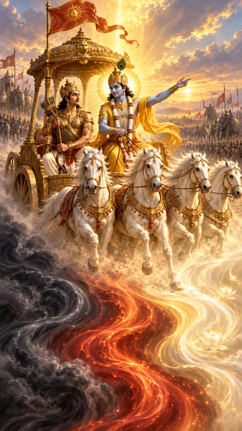 Kṛṣṇa drives Arjuna’s four white horses at Kurukṣetra and points beyond the armies toward the horizon; beneath the wheels three currents — dark, red and luminous white — twist together as the three guṇas.