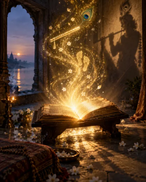 An open manuscript on a stand at dusk, golden light rising from its pages into a flute and peacock feather, casting Kṛṣṇa’s shadow on the wall.