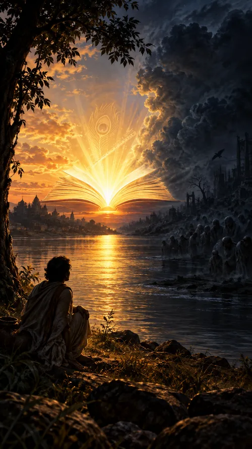 A seated figure watches an open book rise like a sun over a river at dusk, its radiating pages set against gathering darkness.