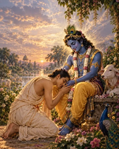 A devotee kneels and presses his forehead to Kṛṣṇa’s foot at sunset in Vraja; Kṛṣṇa, crowned with a peacock feather and garlanded with flowers, rests a hand on his head. Cows graze along the river behind them and a peacock stands beside a calf.