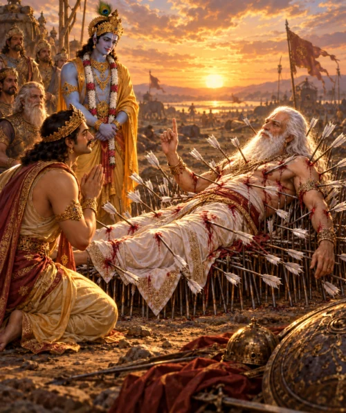 Bhīṣma lies on his bed of arrows at sunset on the Kurukṣetra field, one finger raised as he speaks; the crowned Yudhiṣṭhira kneels before him with folded hands and Kṛṣṇa stands behind him, with warriors and elephants in the distance.