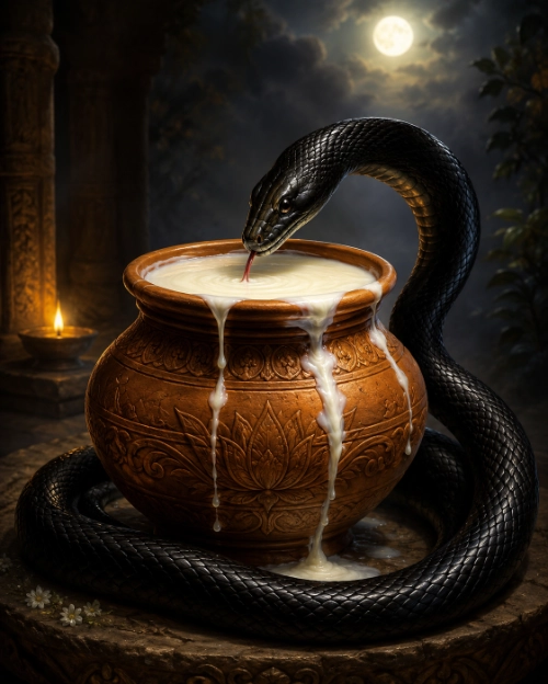A black serpent coiled around a carved earthen pot of milk, its tongue touching the surface, under a full moon beside a burning oil lamp.