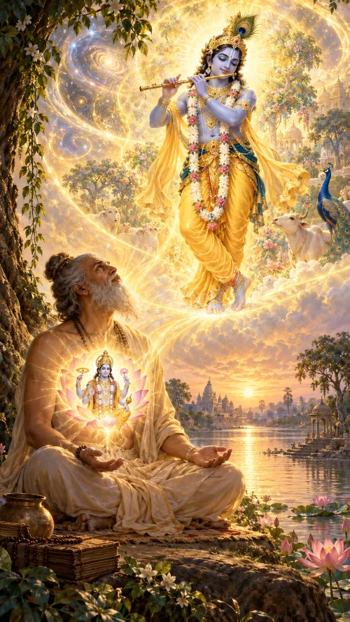 A grey-bearded sage sits in meditation beneath a tree by a river at sunset, a four-armed Viṣṇu on a lotus glowing at his heart and a spiral of galaxies turning in the light behind him; above, Kṛṣṇa plays His flute among cows and a peacock.