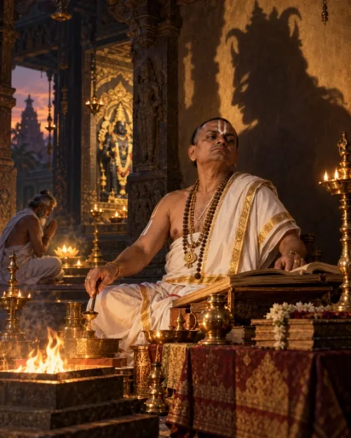 A richly ornamented brāhmaṇa performs the fire ritual before an open manuscript in a lamp-lit temple; the shadow cast on the wall behind him is a horned, clawed rākṣasa, while an older brāhmaṇa prays quietly in the background.