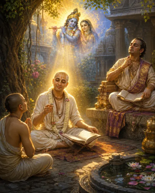 A Vaiṣṇava with a shaved head and śikhā, tilaka, tulasī beads and a flower garland sits on a courtyard floor with an open manuscript before him, chanting on japa beads, while a young disciple kneels facing him with palms joined. To the right, on a raised seat beside a golden lamp-stand, a richly dressed brāhmaṇa in silk and heavy gold ornaments sits with eyes closed and a book on his lap. Above them Rādhā and Kṛṣṇa appear in a shaft of light, Kṛṣṇa playing His flute, with a lotus pool in the foreground and a temple behind.