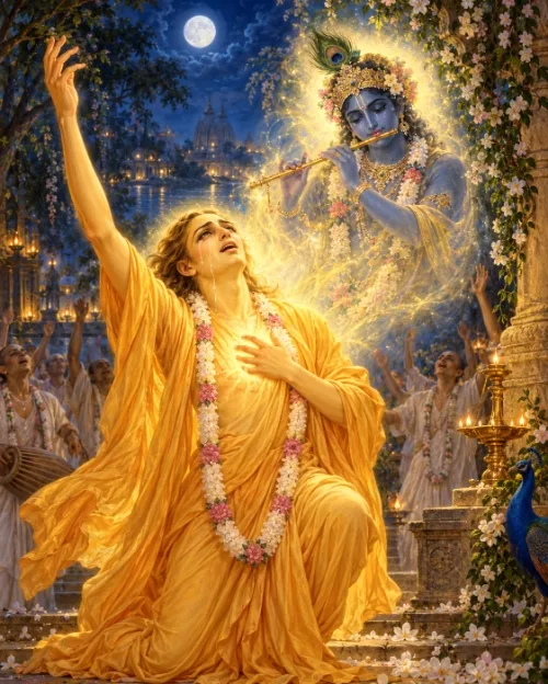 Caitanya Mahāprabhu in golden robes on temple steps at night, one arm raised and tears on his cheek, gazing at a luminous vision of Kṛṣṇa playing the flute; devotees chant behind him beneath a full moon.
