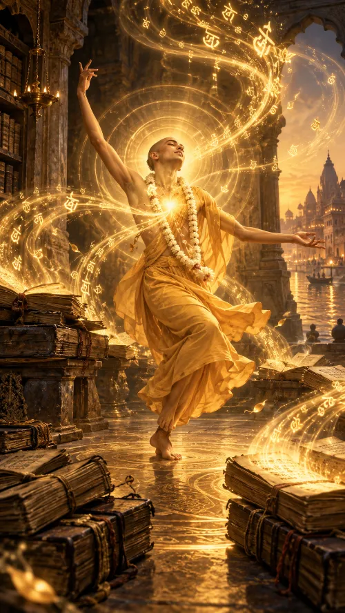 Caitanya Mahāprabhu dances with raised arms on a river ghāṭa surrounded by stacks of manuscripts, spirals of golden Sanskrit syllables rising from the books and circling him, with the temple skyline of Vārāṇasī behind.
