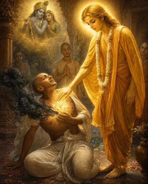 Caitanya Mahaprabhu lays His hand on the chest of a kneeling man as dark smoke is drawn out of his heart into light, devotees watching with folded palms and Radha and Krsna appearing above.
