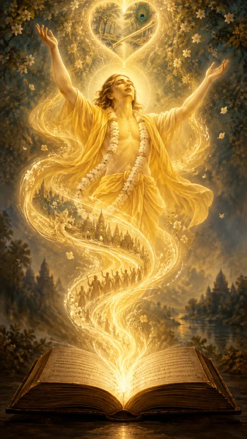 Śrī Caitanya rises in golden light from an open book, arms raised, the rising stream carrying temple spires and a line of chanting devotees toward a heart of light enclosing a grove and a peacock feather.